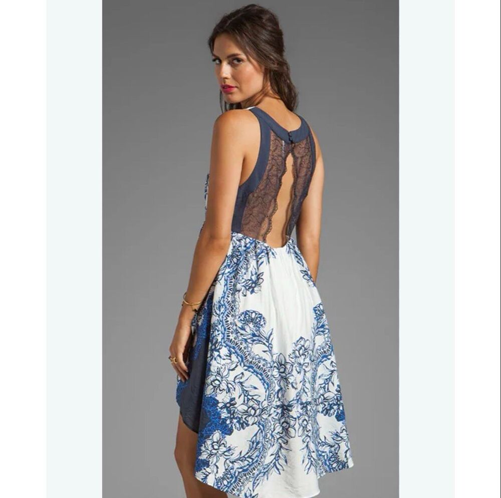 Free People Russian Plate Dress Hi-Low Hem Blue Lace Back Boho Empire Waist Sz M